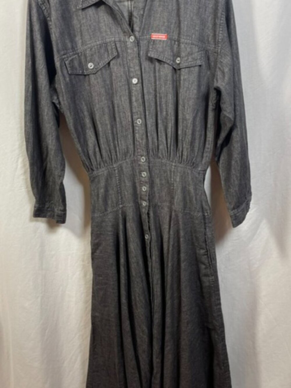 Vintage 80s Hollywood Era Acid Wash Denim Maxi Dress Size 9 Cotton